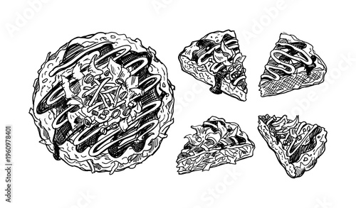 Hand-drawn pizza variations with whole and sliced pieces in black and white
