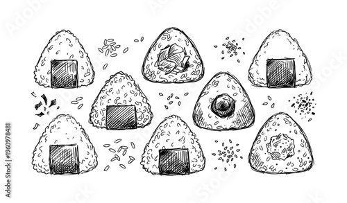 Hand-drawn sketches of various onigiri designs with toppings and fillings
