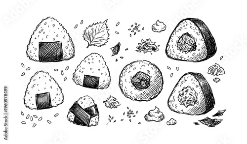 Hand-drawn japanese onigiri collection with rice balls and seaweed