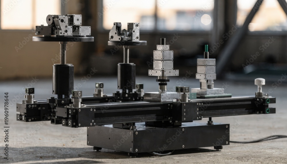 Fototapeta premium Medium shot of a modular smart table featuring customizable jig setups and integrated sensors for flexible repeatable alignment in advanced manufacturing processes.