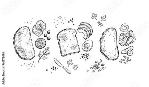 Artistic bread slices with ingredients: avocado, herbs, bacon, toast, seeds, herbs, illustrative style