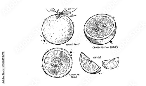 Hand-drawn citrus illustrations: whole, cross-section, circular slice, wedge
