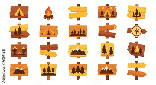 Flat vector illustrations of wooden signposts, depicting symbols for camping, hiking, nature, and outdoor adventure activities.