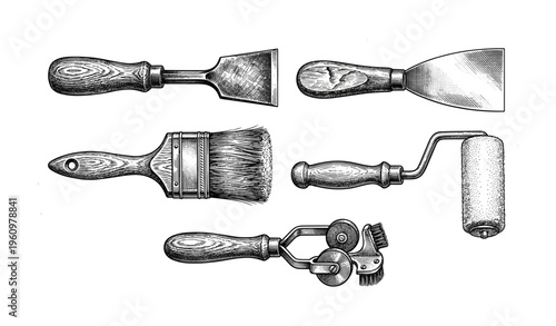 Vintage hand tools collection: paintbrush, roller, scraper, brush, cutter