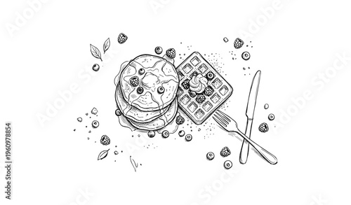 Delicious pancakes and waffles with berries and syrup - black and white line art