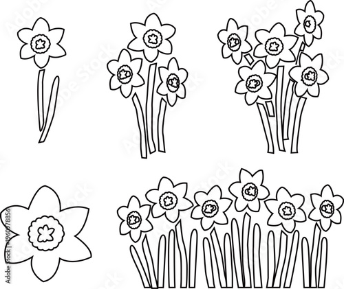 水仙の花と葉や花畑のアウトライン白黒線画イラストセット