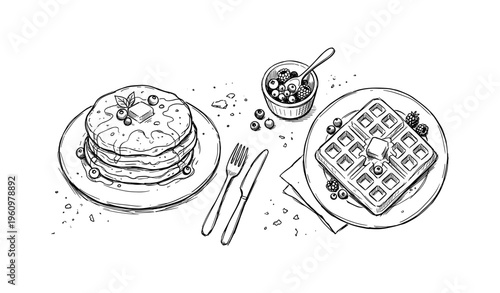 Pancakes and waffles with berries and syrup - hand-drawn breakfast illustration