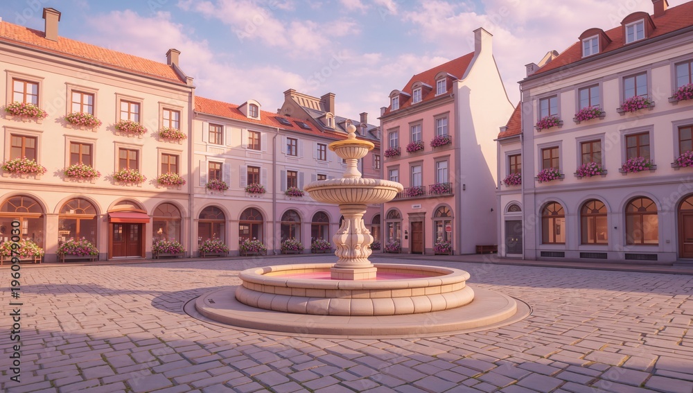 Fototapeta premium Charming Town Square With Fountain Surrounded By Elegant Buildings