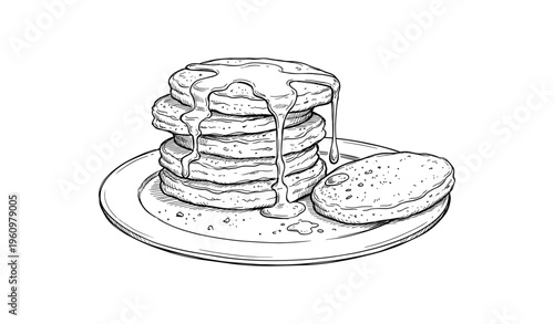 Stack of pancakes with syrup dripping, detailed line art illustration