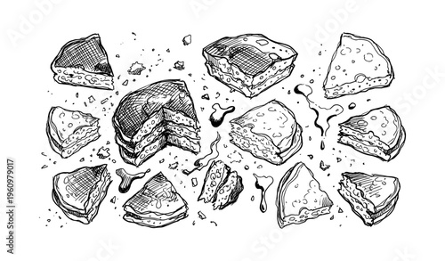 Hand-drawn cake and pie slices with crumbs and toppings on white background