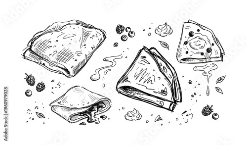 Hand-drawn assorted pies and tarts with berries and cream