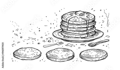 Tower of pancakes with butter and syrup on plate with fork and spoon