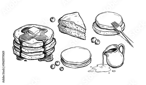 Hand-drawn breakfast treats: pancakes, blueberries, syrup, and cheesecake slice