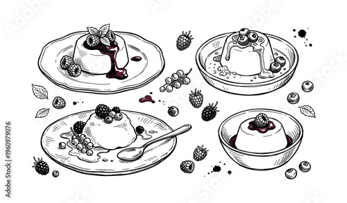 Hand-drawn dessert variety with berry garnishes on four plates