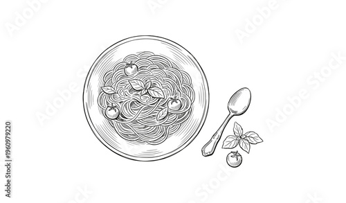 Hand-drawn spaghetti plate with tomatoes and basil illustration with spoon