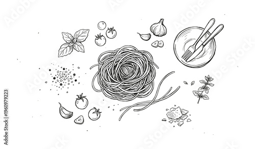 Hand-drawn pasta ingredients on white background: tomatoes, garlic, basil, parmesan, pepper