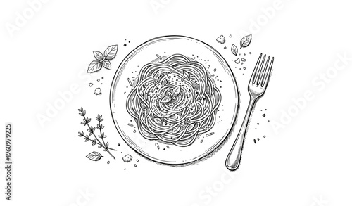 Intricate black and white spaghetti illustration with herbs and fork