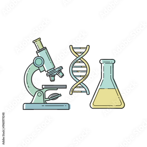 Microscope, DNA helix, and Erlenmeyer flask in flat design - science and research concept