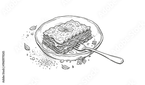 Hand-drawn lasagna slice on plate with fork and basil garnish