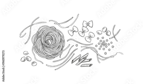 Assorted pasta shapes in black and white line art illustration