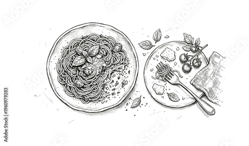 Hand-drawn spaghetti and tomato meal with basil and cheese on plates