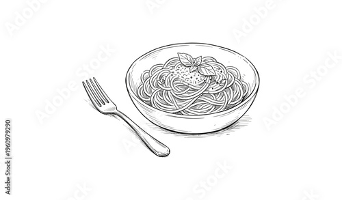 Sketch of spaghetti bowl with basil and fork on white background