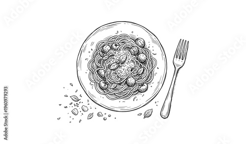 Sketch of spaghetti and meatballs with basil garnish in a plate setting