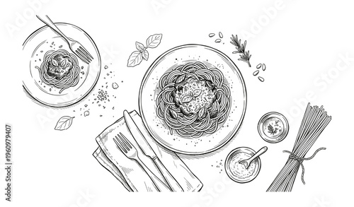 Black and white sketch of italian pasta dishes with herbs and spices