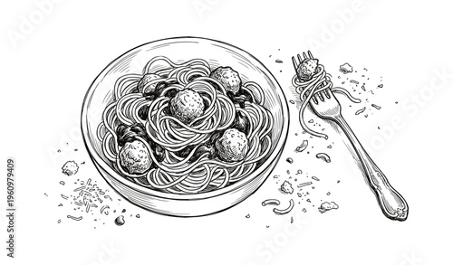 Detailed ink drawing of spaghetti and meatballs in a bowl with fork