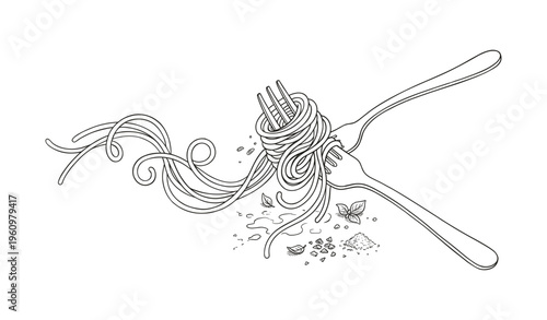 Line art of forks twirling spaghetti with basil and seasonings
