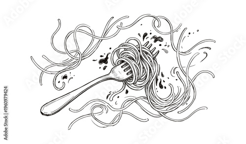 Fork twirling spaghetti with sauce and noodles in black and white illustration