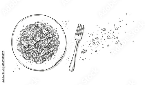 Black and white sketch of spaghetti plate with fork and breadcrumbs