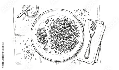 Detailed black and white line art drawing of spaghetti with basil and parmesan