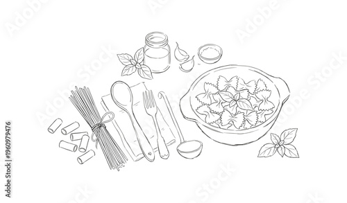 Hand-drawn pasta ingredients and utensils with basil and cheese
