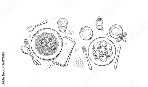 Black and white sketch of italian meal with pasta, ravioli, and table setting