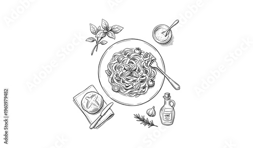 Hand-drawn pasta dish with ingredients including basil, tomato, garlic, rosemary, and olive oil