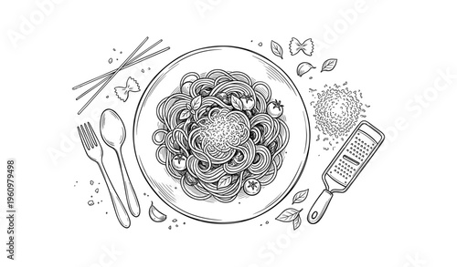 Black and white drawing of a spaghetti pasta dish with parmesan cheese and tomatoes