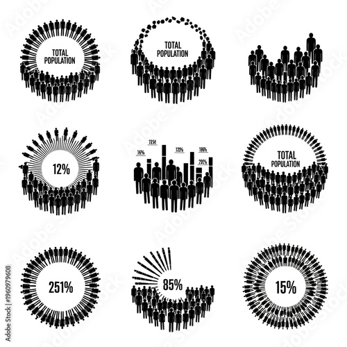 Black silhouettes of people in circles.