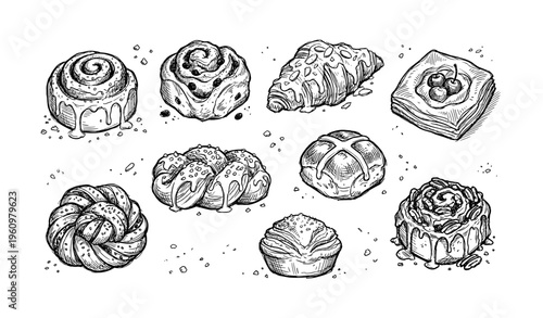 Hand-drawn assorted pastries collection featuring croissant, cinnamon rolls, and more