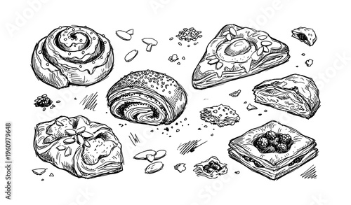 Hand-drawn pastries: croissants, danish, rugelach, cookies, almonds