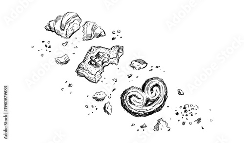 Hand-drawn pastries: croissant, biscotti, and palmier with crumbs