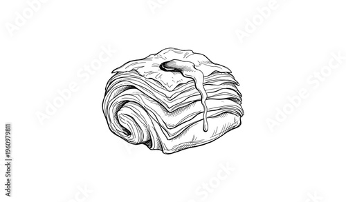 Detailed black and white sketch of layered puff pastry with dripping sauce