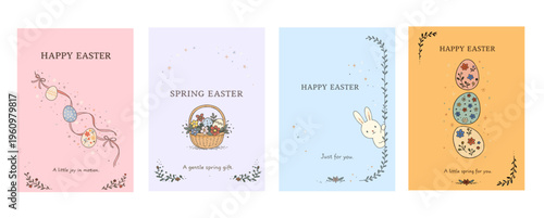 春色パステルのイースターカードセット（花柄エッグとウサギのやさしいデザイン）、Pastel Easter Card Set with Floral Eggs and Cute Bunny Illustration
