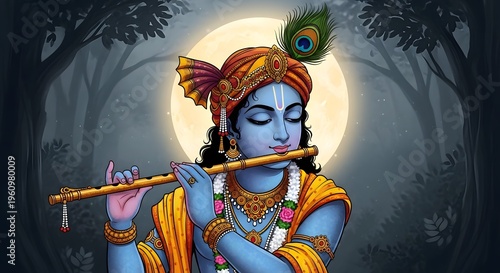 Lord sri krishna playing flute under moonlight with peacock feather