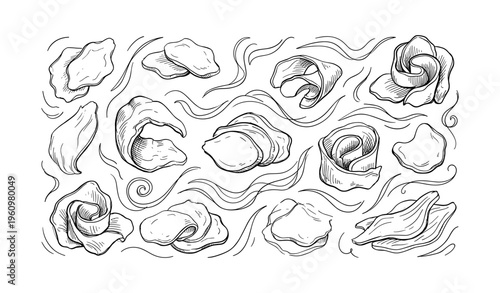 Hand-drawn pasta variations in black and white sketch with flowing lines