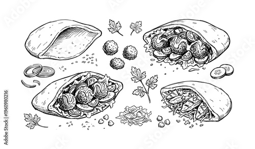 Hand-drawn middle eastern cuisine illustrations with pita bread and falafel