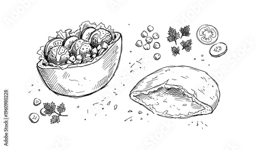 Sketch of mediterranean salad bowl and pita bread with vegetables and herbs
