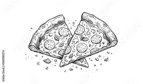 Hand-drawn pizza slices with pepperoni and mushrooms sketch