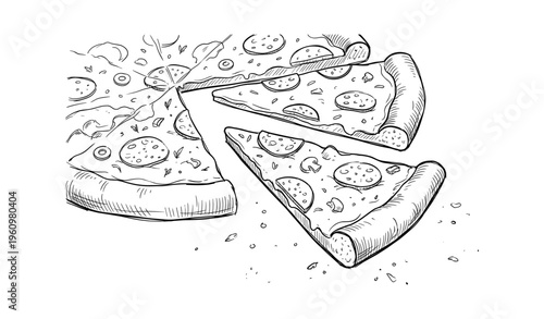 Hand-drawn pepperoni pizza with slices and toppings in black and white sketch style