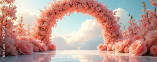 Pink floral archway over reflective surface against sky with clouds. Soft delicate petals form romantic entrance. Dreamy outdoor scene with pastel colors and gentle light.